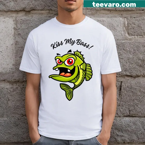 Playful fishing-themed graphic with the phrase 'Kiss My Bass'