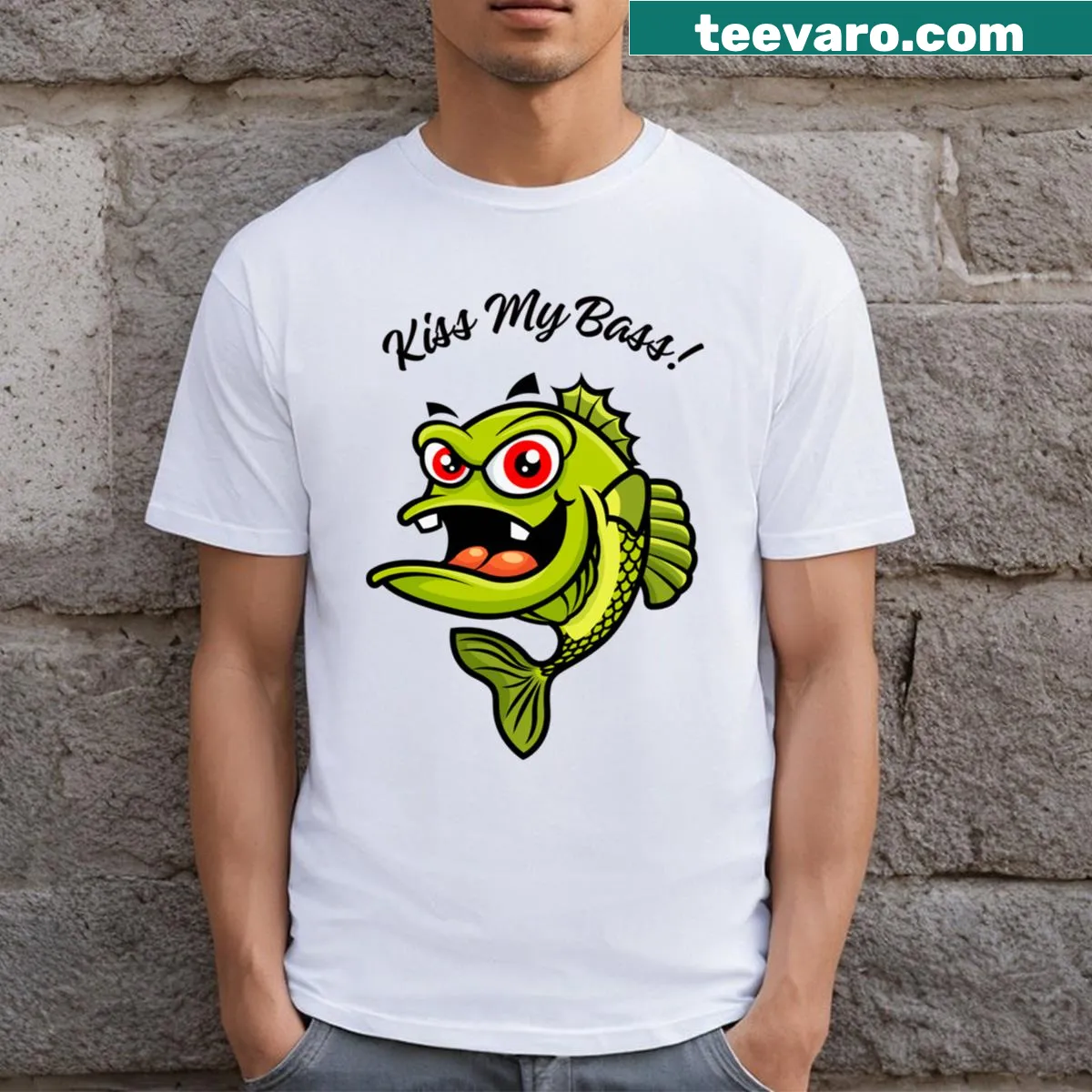 Playful fishing-themed graphic with the phrase 'Kiss My Bass' — on a men's t-shirt