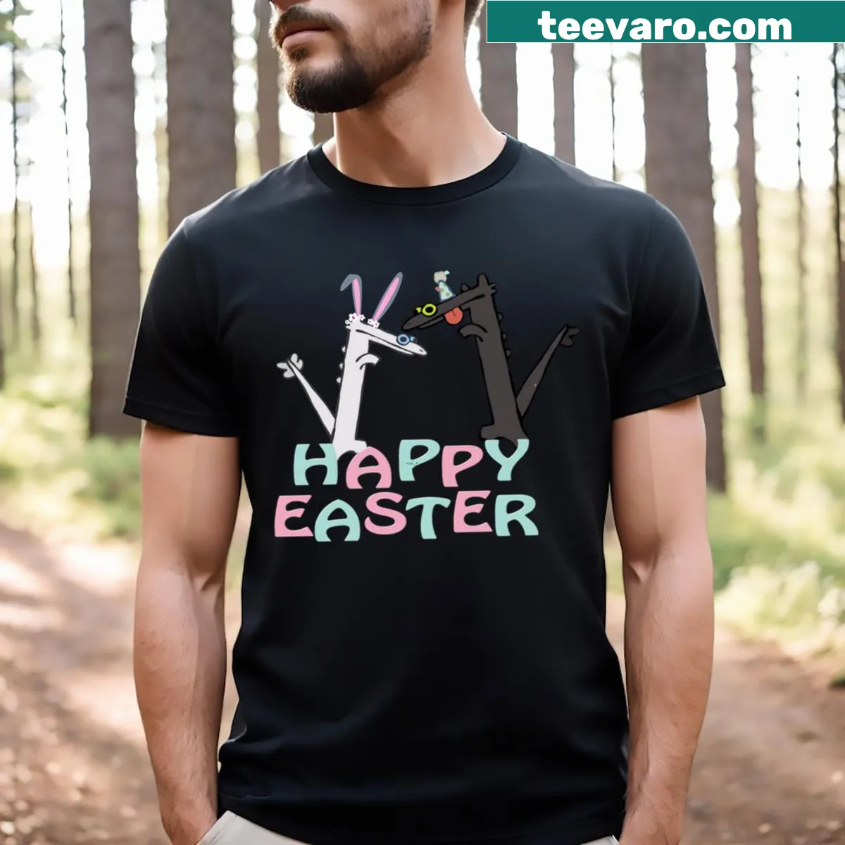 Easter T-shirt featuring a dragon and festive motifs — on a men's t-shirt
