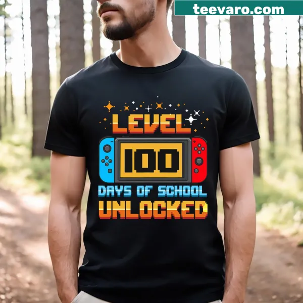 Gamer-themed t-shirt with 'Level 100 Days Of School Unlocked' text