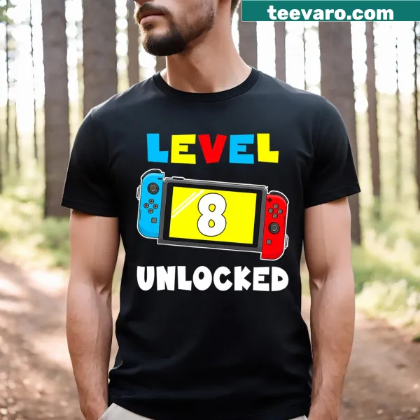Birthday t-shirt with 'Level 8 Unlocked' text for gamers