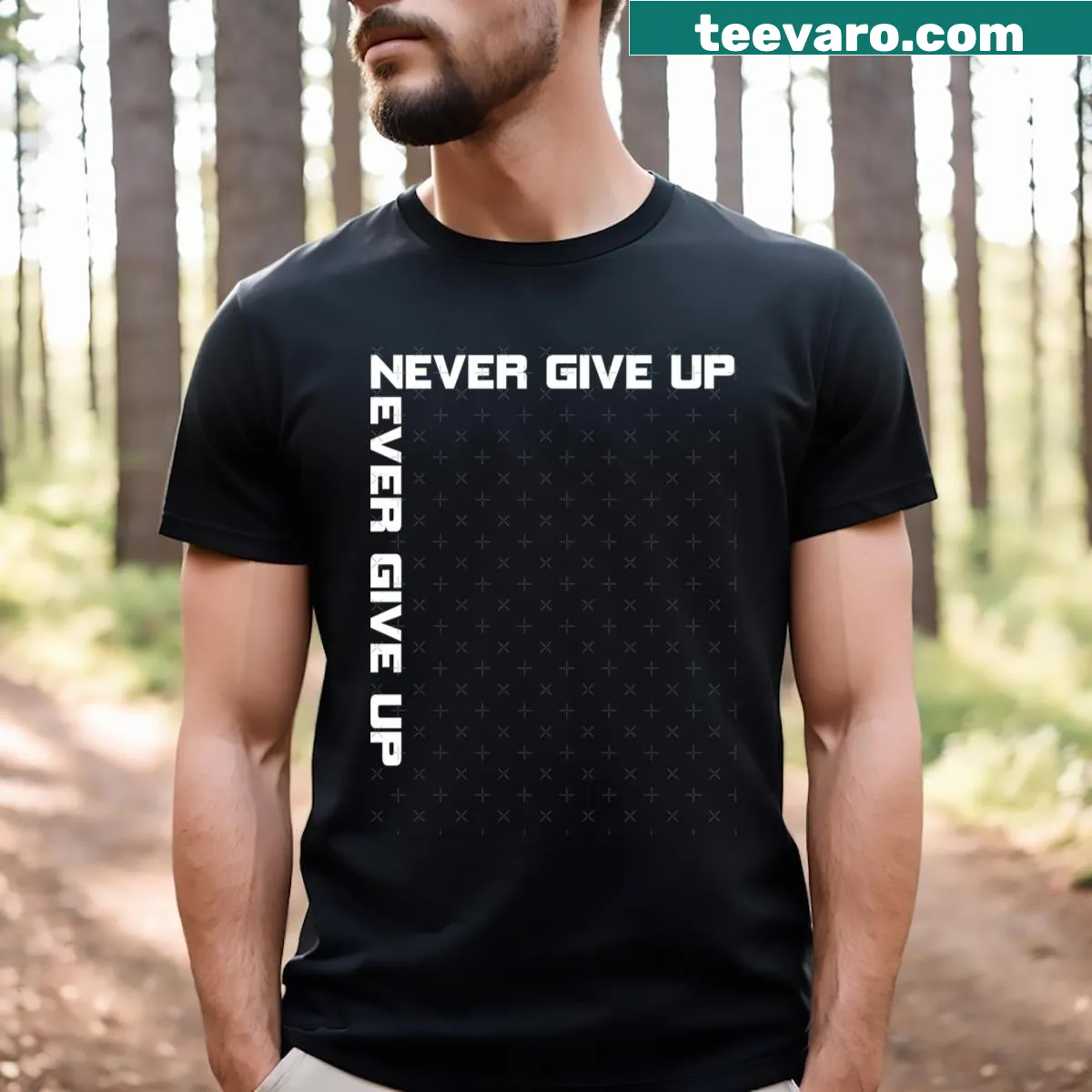 Inspirational typography T-shirt with the quote 'Listen To Your Heart And Never Give Up' — on a men's t-shirt