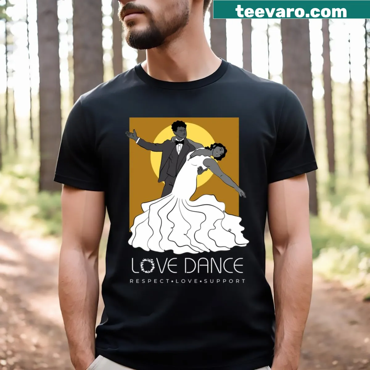 T-shirt with Dance Romance text and heart graphics for couples — on a men's t-shirt