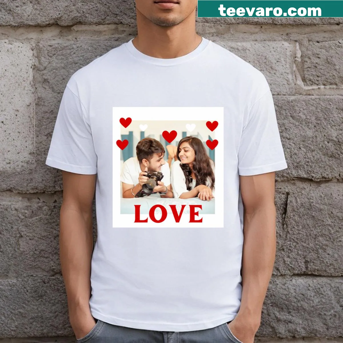 Personalized couple photo T-shirt for shared moments — on a men's t-shirt