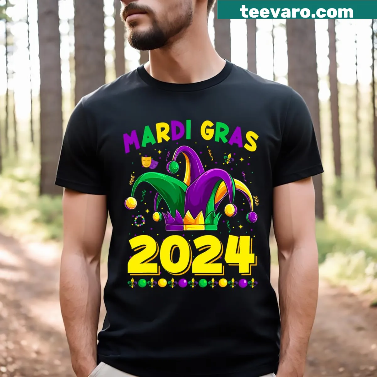 Mardi Gras T-shirt featuring a colorful jester outfit illustration — on a men's t-shirt
