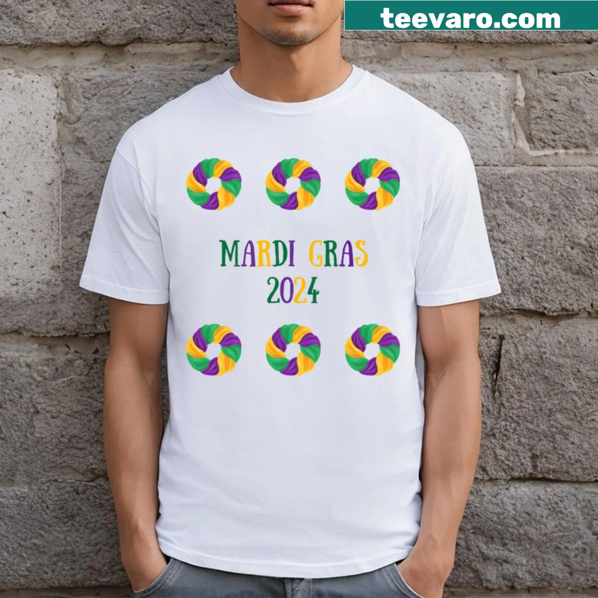 Illustrative king cake graphic T-shirt for Mardi Gras 2024 — on a men's t-shirt
