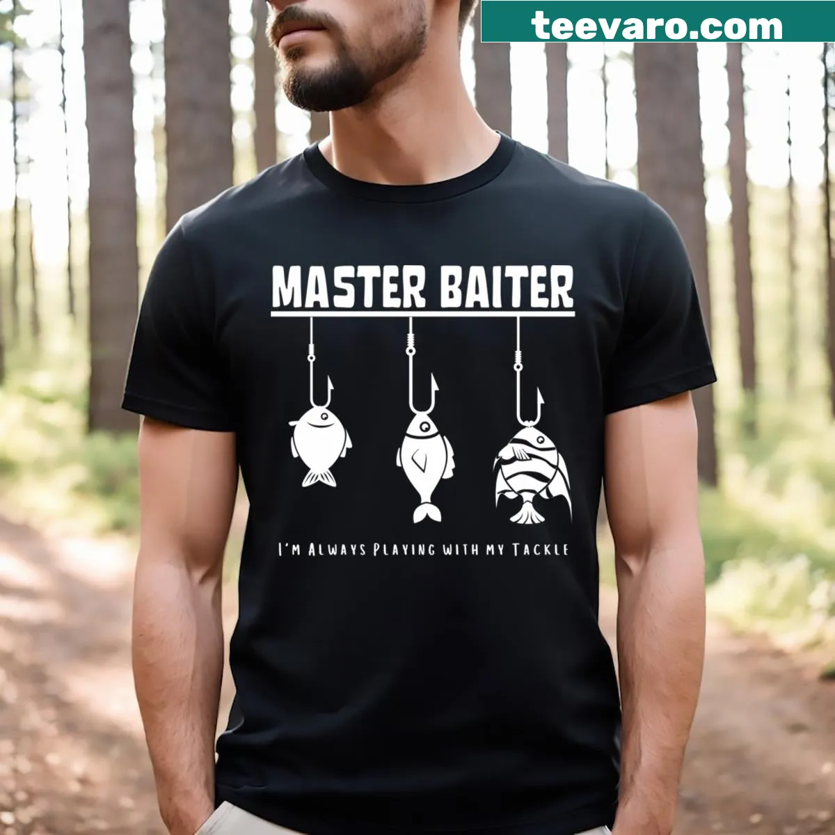 Master Baiter Funny Fishing T-shirt with humorous illustration — on a men's t-shirt