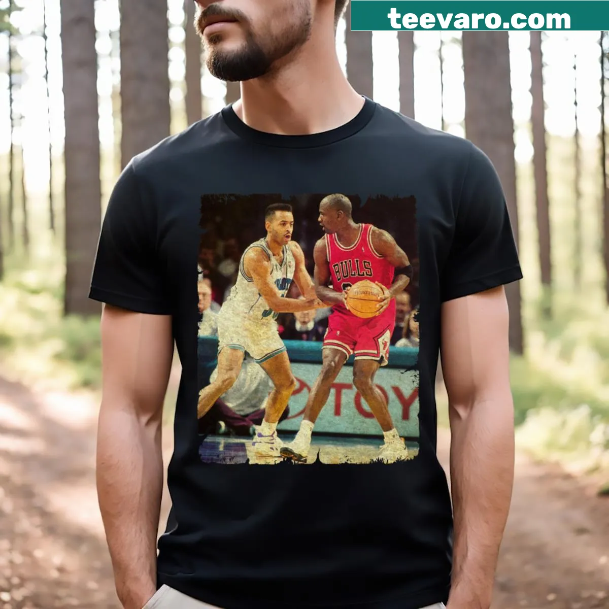 Graphic t-shirt featuring Michael Jordan and Dell Curry — on a men's t-shirt