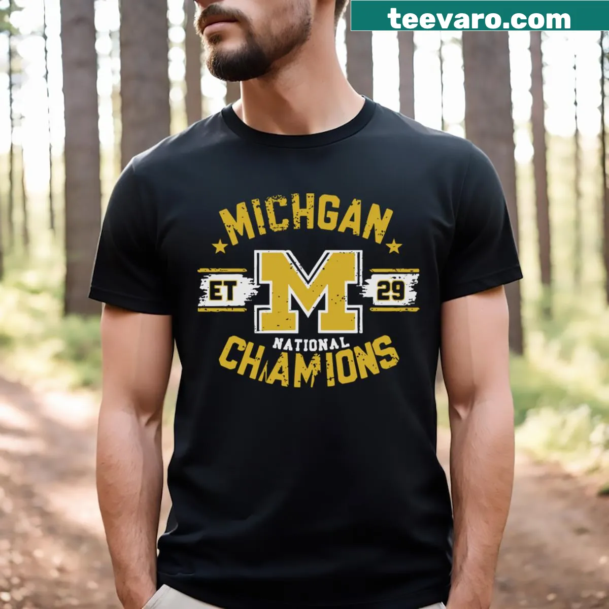 T-shirt celebrating Michigan National Champions with bold text — on a men's t-shirt
