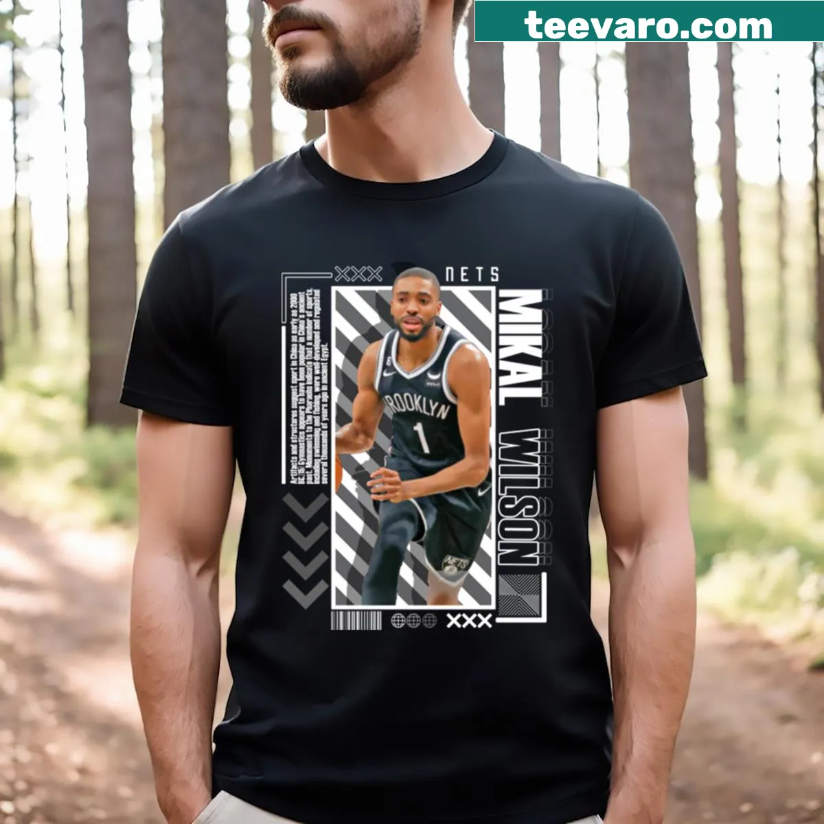 Mikal Bridges T-shirt featuring a detailed paper poster illustration — on a men's t-shirt