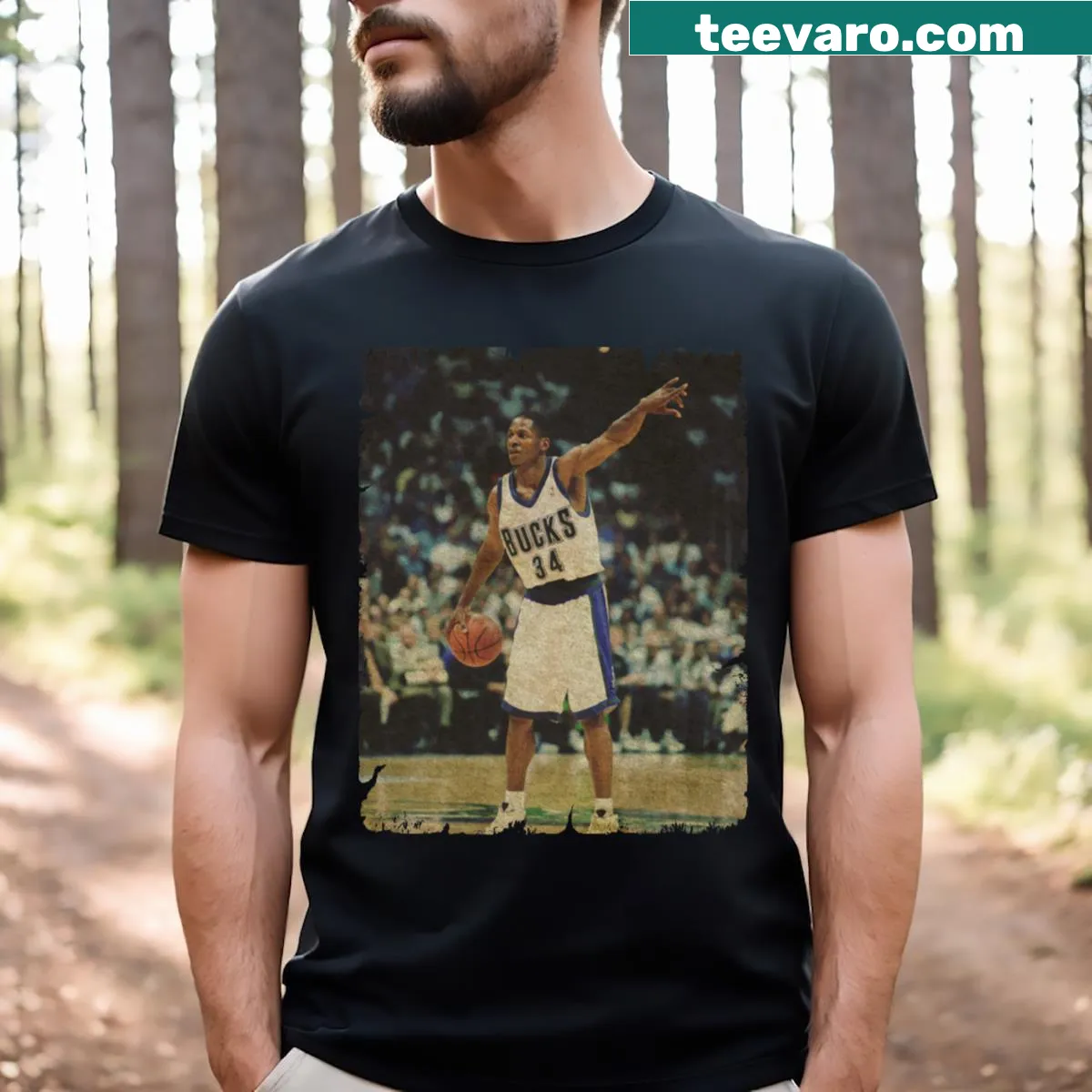 Illustration of Mr Shuttleworth celebrating Ray Allen on a t-shirt — on a men's t-shirt