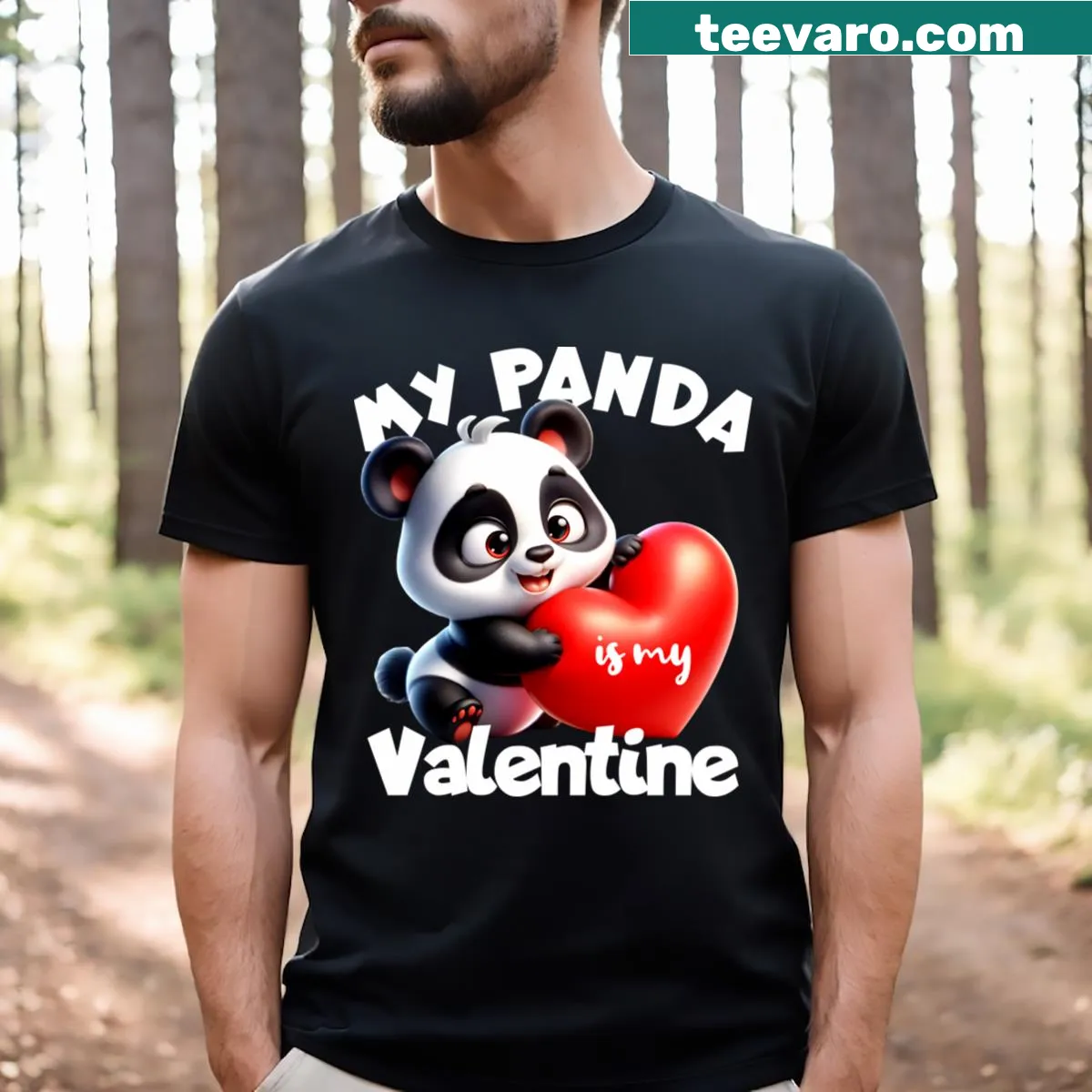 Cute T-shirt for kids with a panda and hearts saying 'My Panda Is My Valentine' — on a men's t-shirt