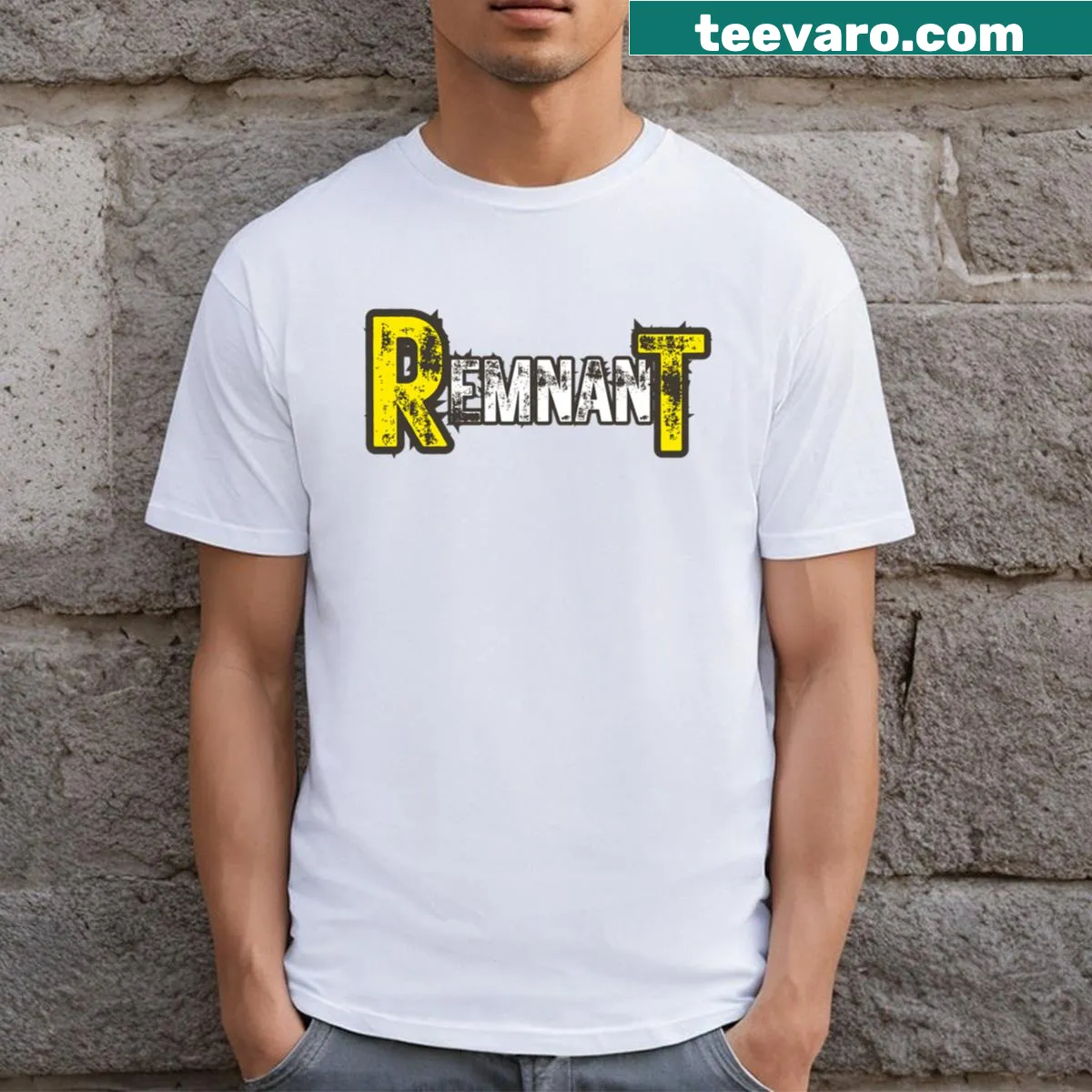 Minimalist typography t-shirt featuring the word 'Remnant' prominently. — on a men's t-shirt