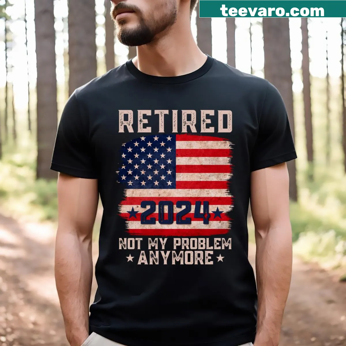 Funny retirement t-shirt with the saying Not My Problem Anymore for 2024. — on a men's t-shirt