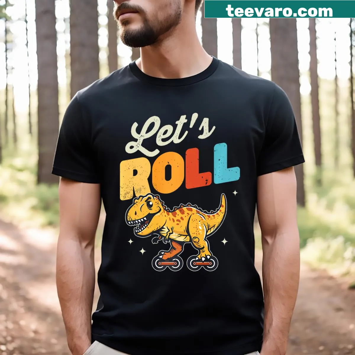 Kids T-shirt with a cartoon dinosaur on roller skates — on a men's t-shirt