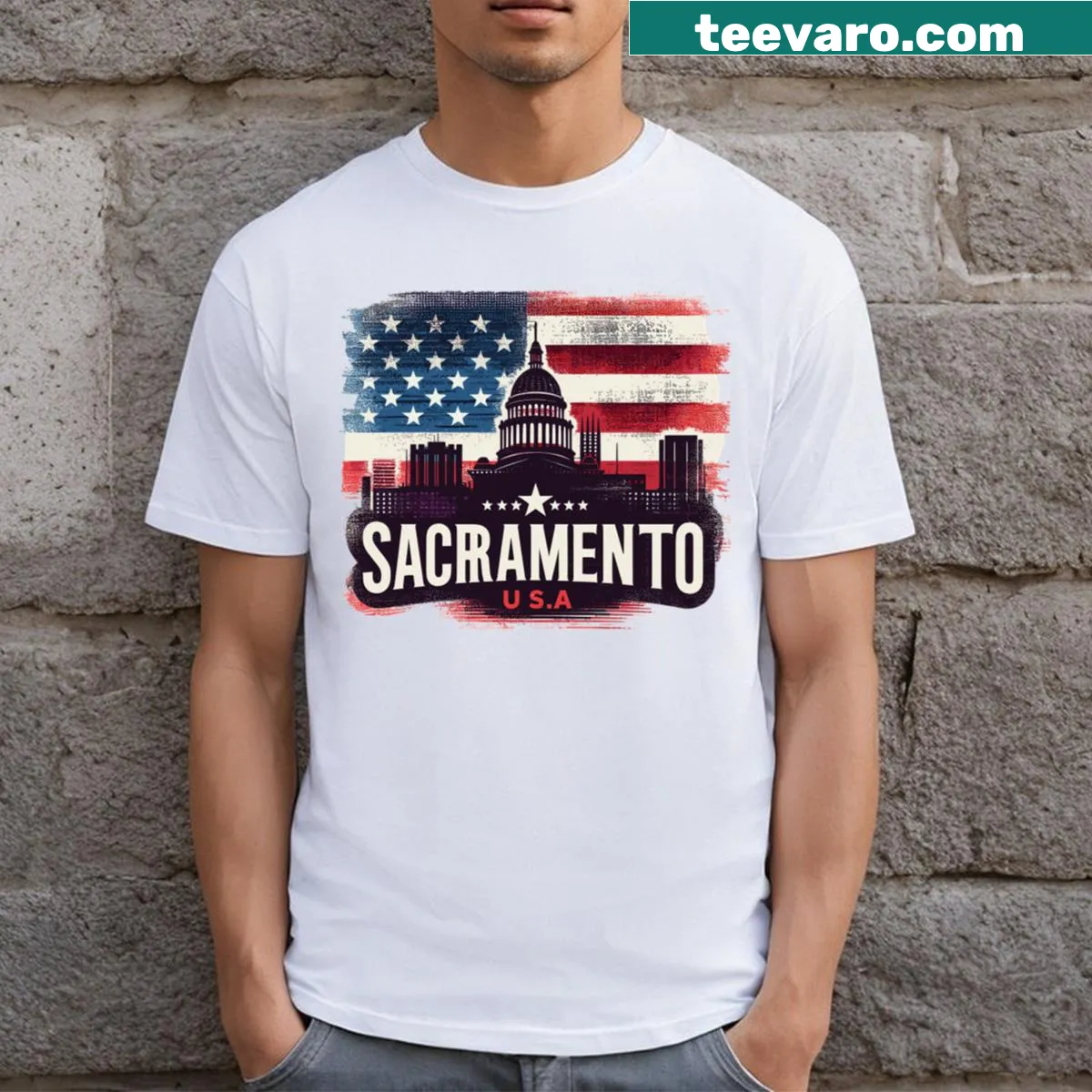 Sacramento City T-shirt with iconic city-themed graphics. — on a men's t-shirt