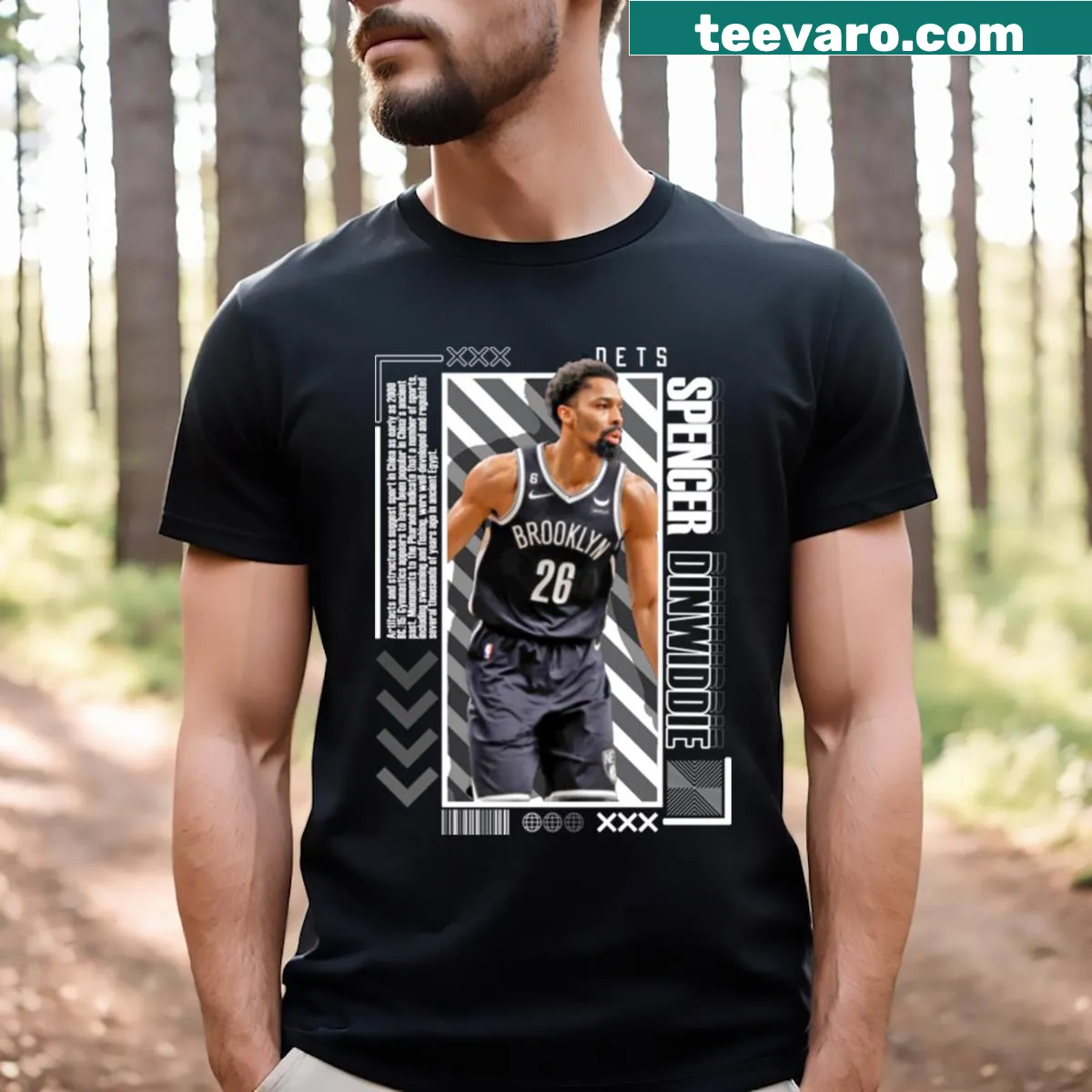 Spencer Dinwiddie illustrated T-shirt inspired by classic paper posters — on a men's t-shirt