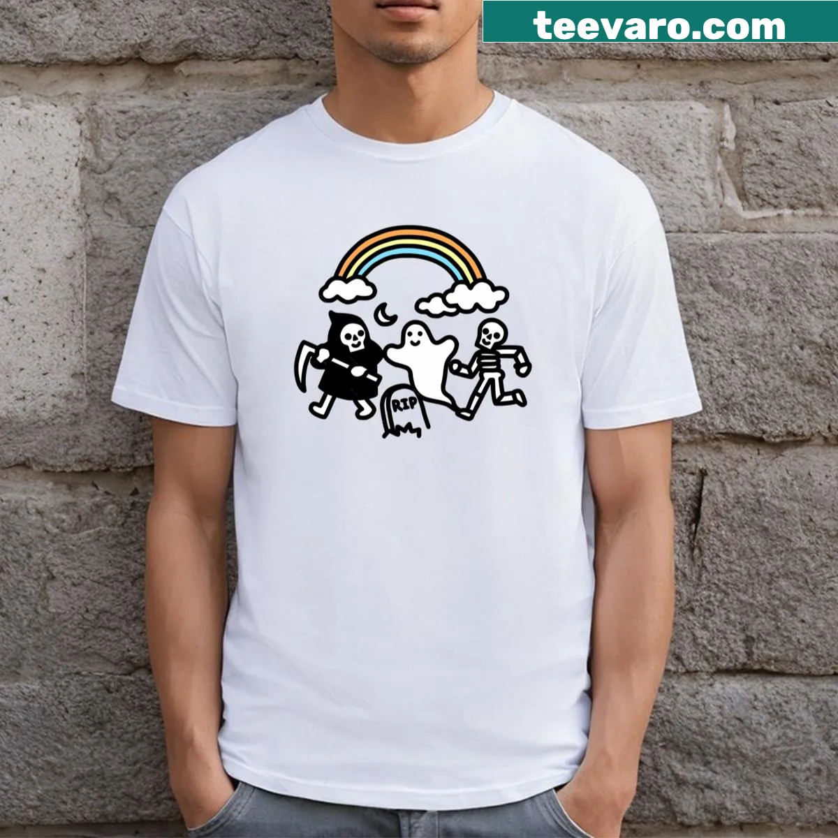 Playful cartoon spooky characters on a Halloween T-shirt — on a men's t-shirt