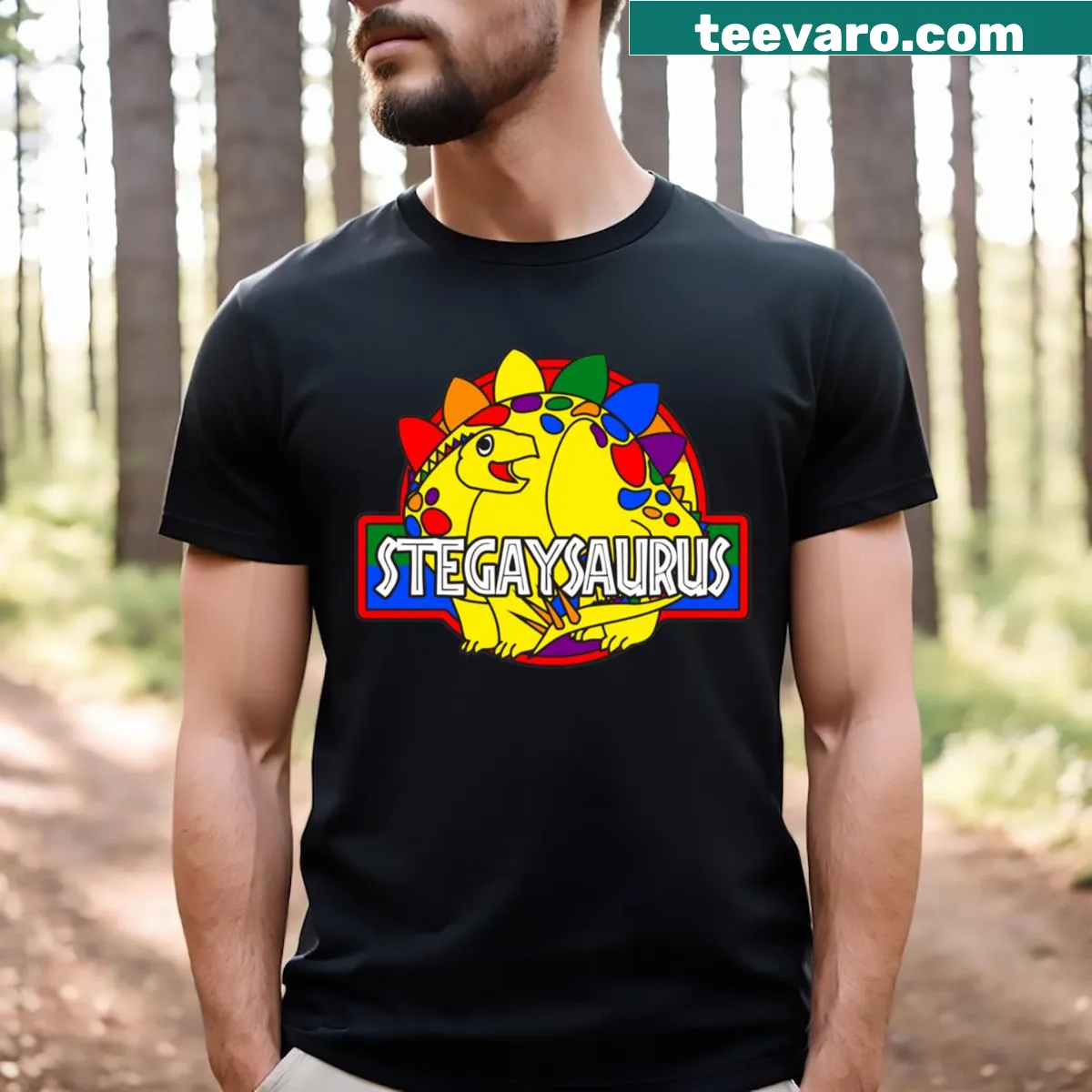 Cute Stegaysaurus cartoon on a pride-themed T-shirt — on a men's t-shirt