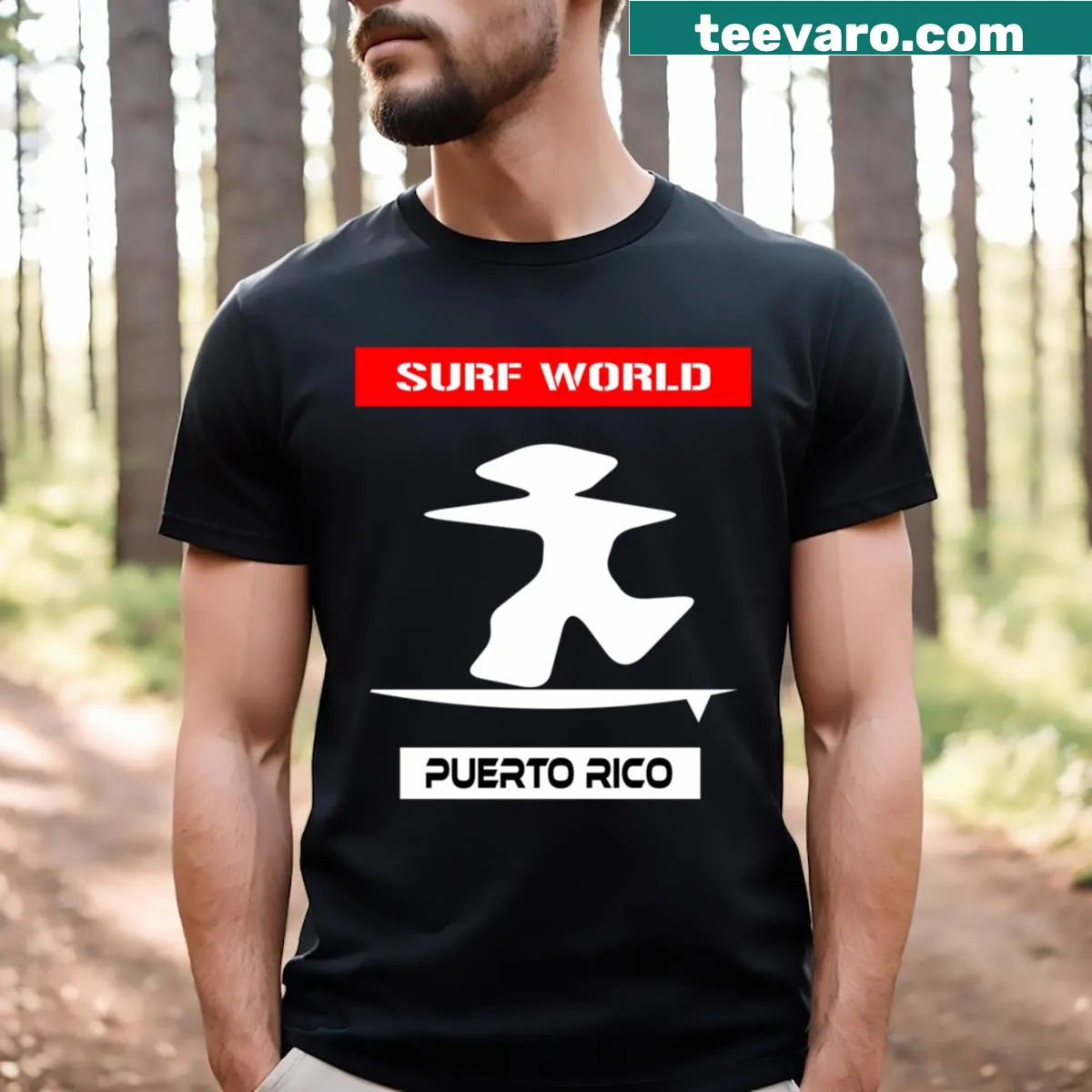 Illustrated Surf World graphic on T-shirt celebrating surf culture — on a men's t-shirt