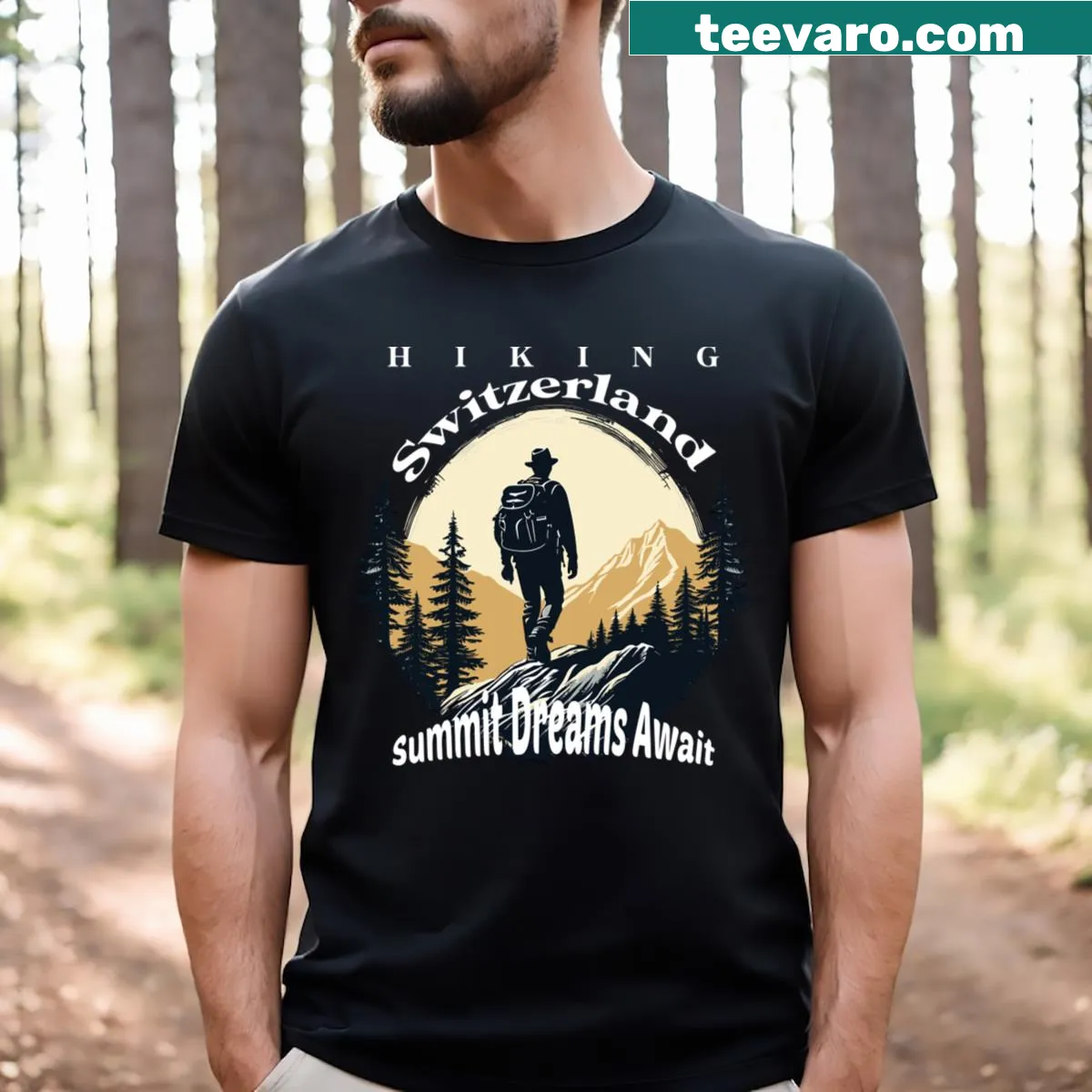 Illustrated Switzerland hiking scene on a T-shirt — on a men's t-shirt