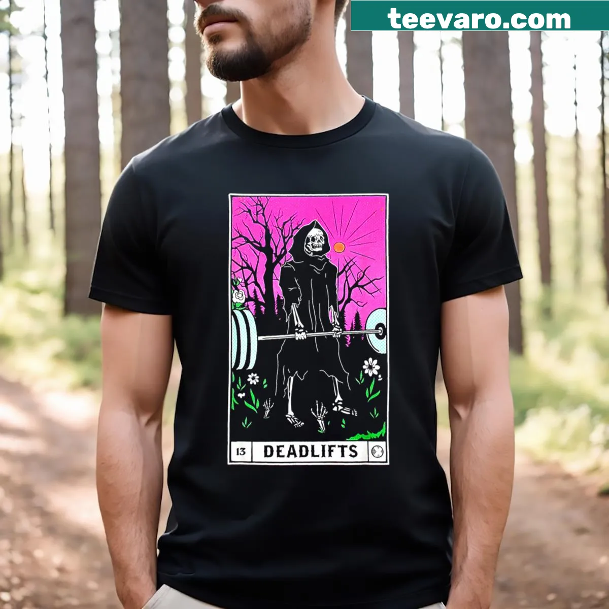Funny gym T-shirt with tarot card and deadlifts theme — on a men's t-shirt