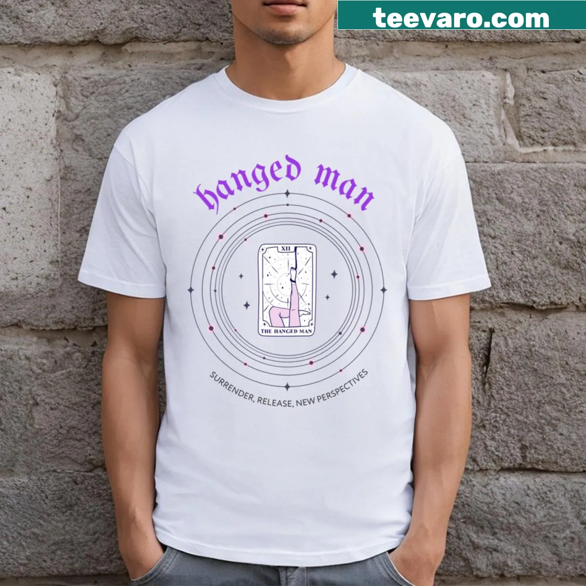 Minimalist line-art design of 'The Hanged Man' tarot card on a T-shirt — on a men's t-shirt