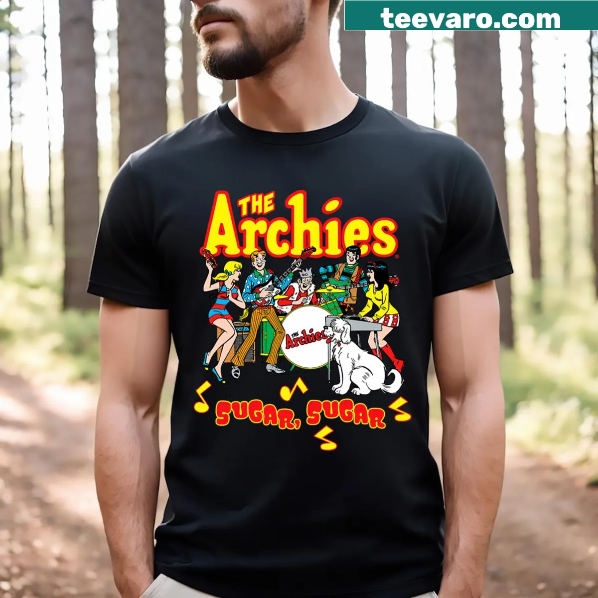 Graphic of The Archies with 'Sugar Sugar' text on T-shirt — on a men's t-shirt
