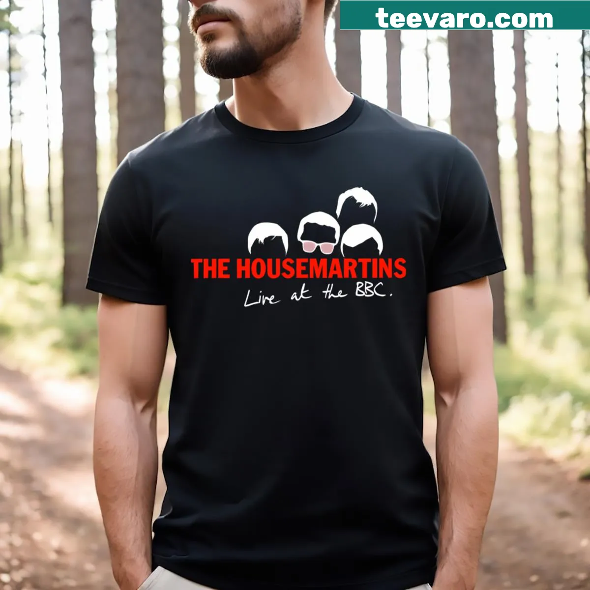Vintage graphic of The Housemartins performing at the BBC on T-shirt — on a men's t-shirt