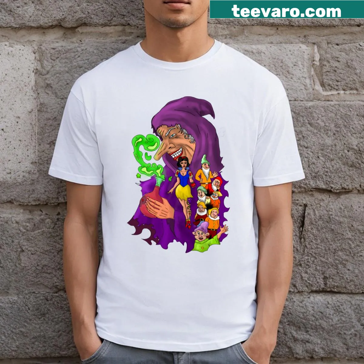 Illustrated T-shirt featuring a princess, witch, and dwarves — on a men's t-shirt