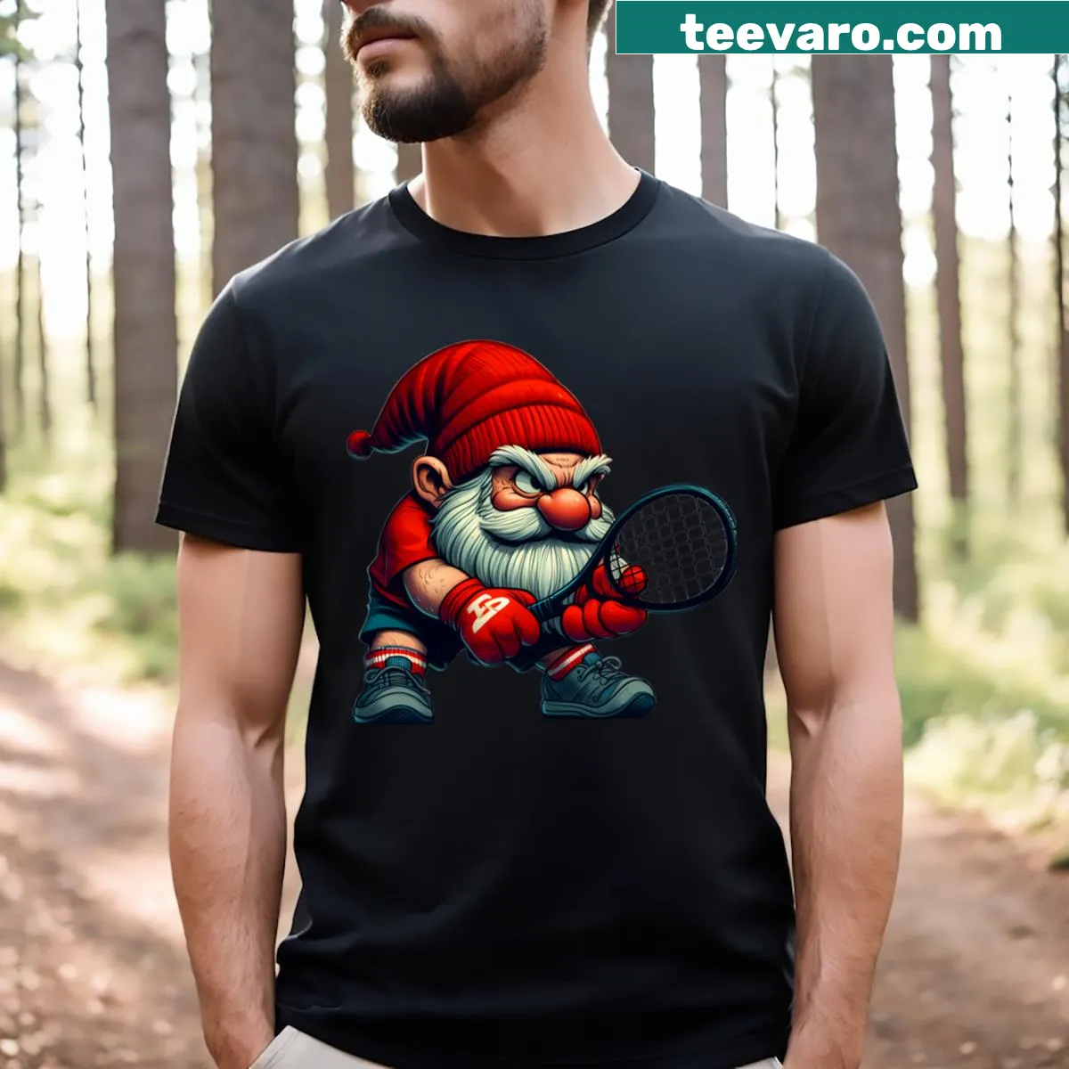 Whimsical shirt featuring a tiny evil gnome playing tennis — on a men's t-shirt