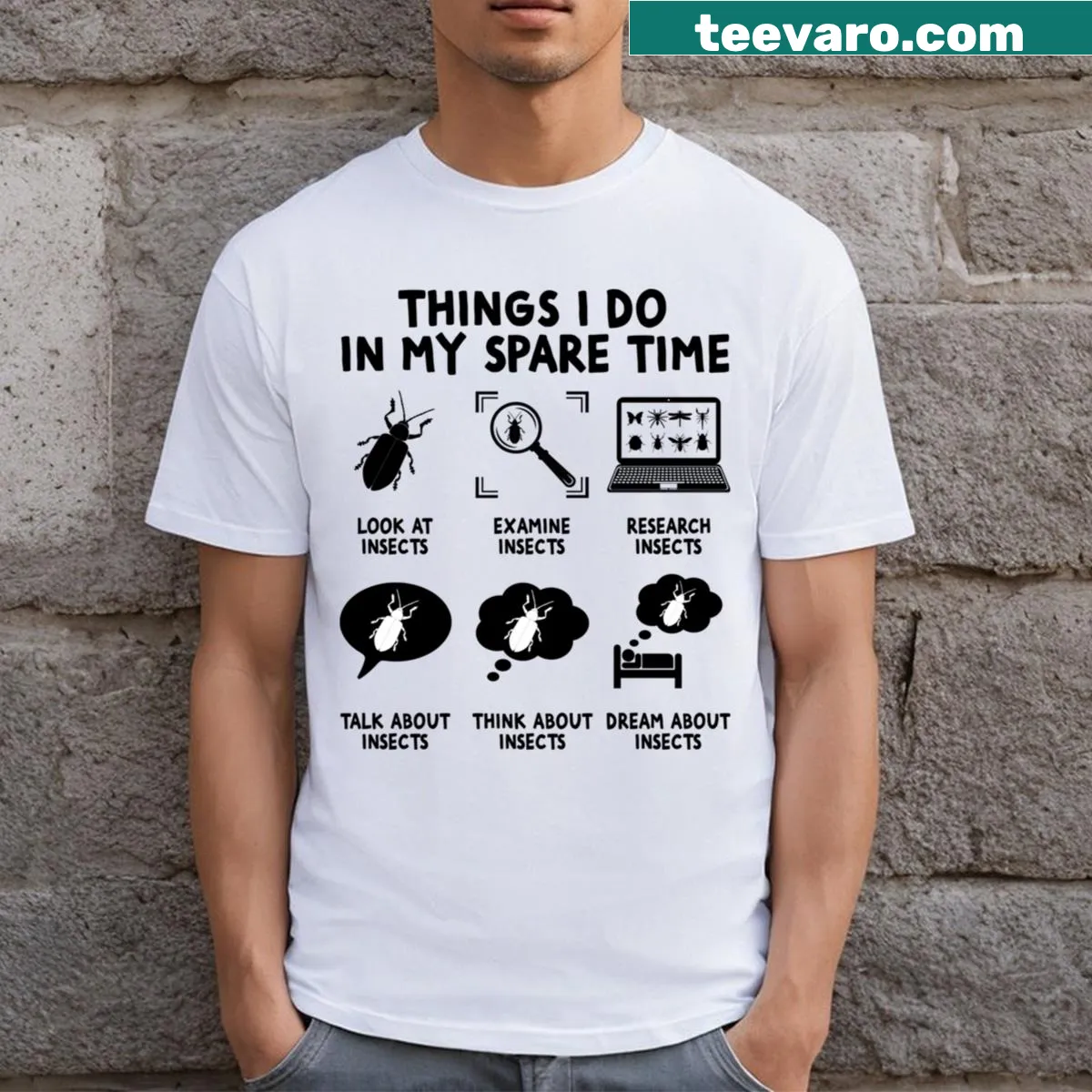 Engaging T-shirt for bug collectors featuring playful text design — on a men's t-shirt