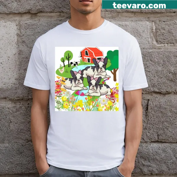 Cute cartoon t-shirt featuring three adorable black and white puppies