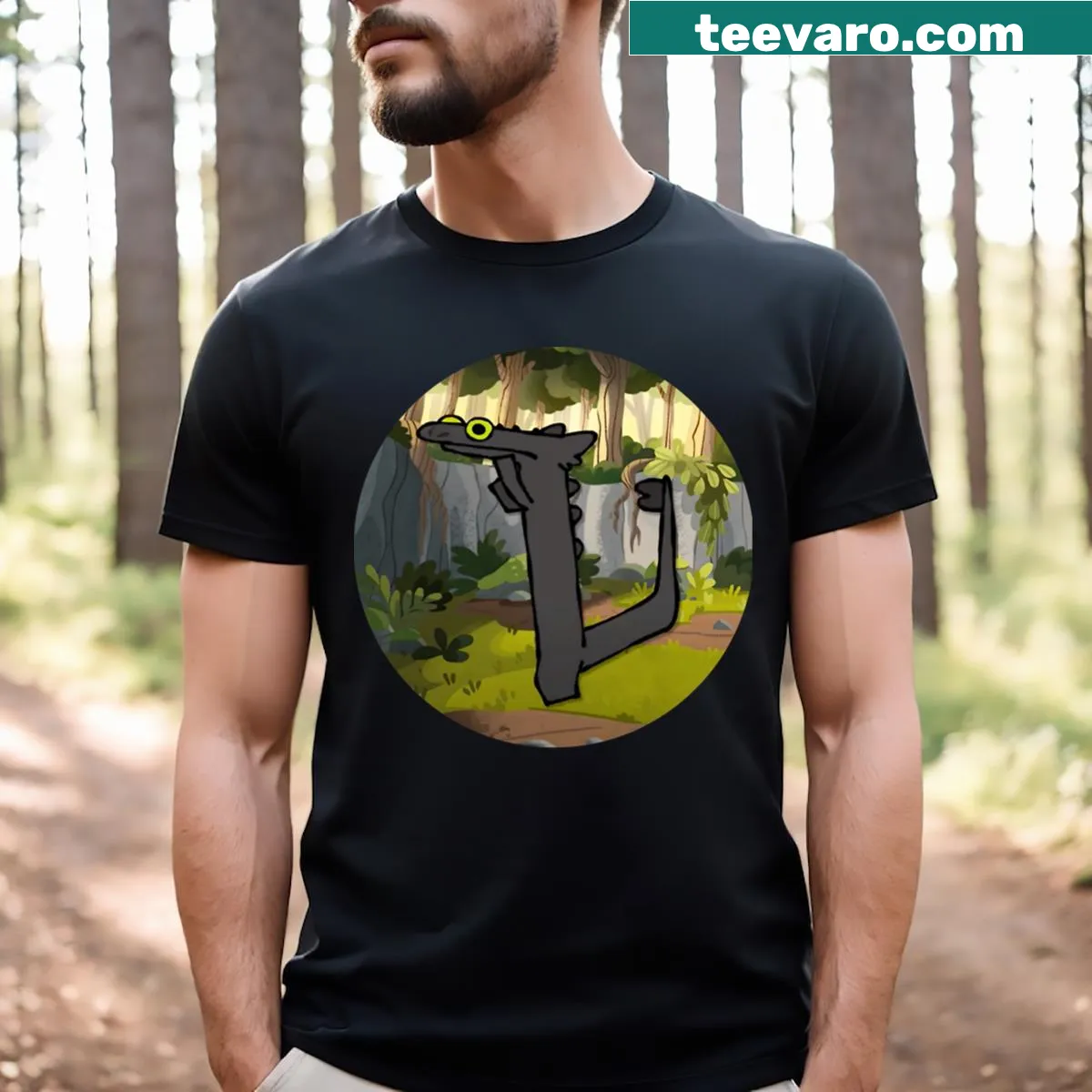 Cartoon Toothless Dragon dancing graphic on t-shirt — on a men's t-shirt