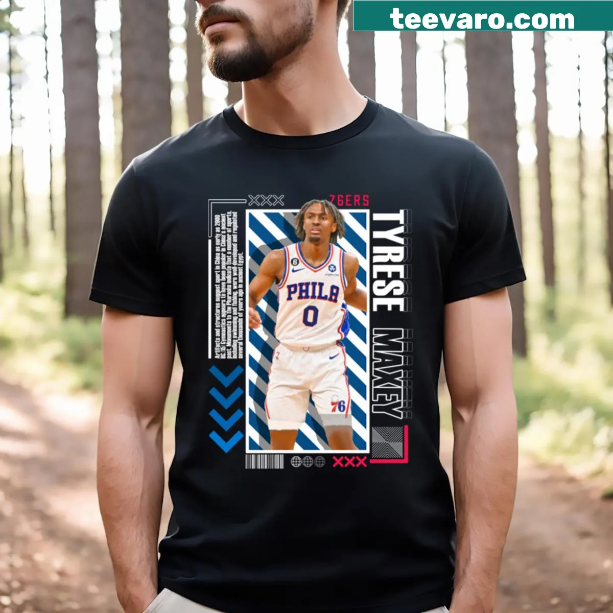 Tyrese Maxey shirt with playful paper poster-style illustration — on a men's t-shirt