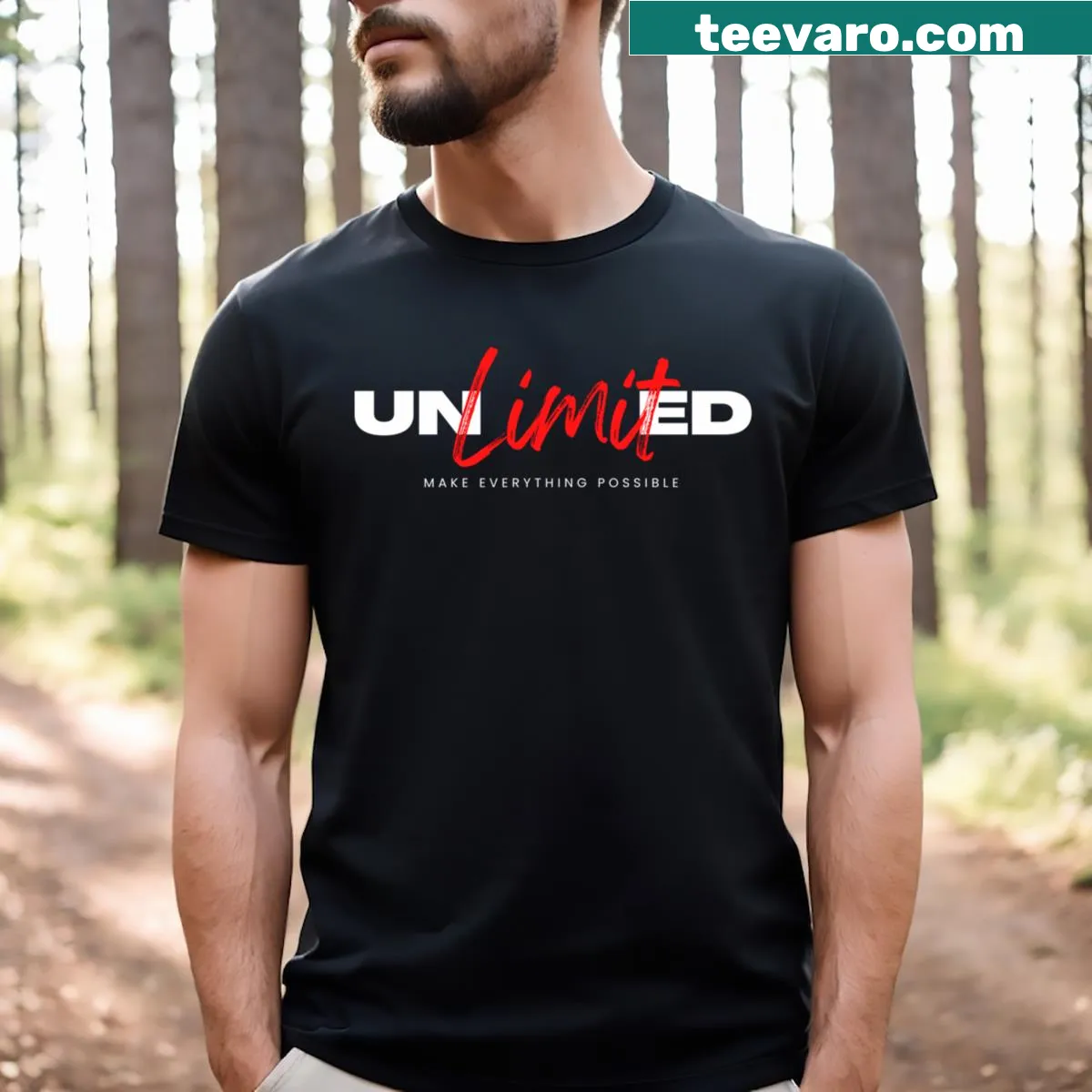 T-shirt with 'Unlimited' text in bold font — on a men's t-shirt