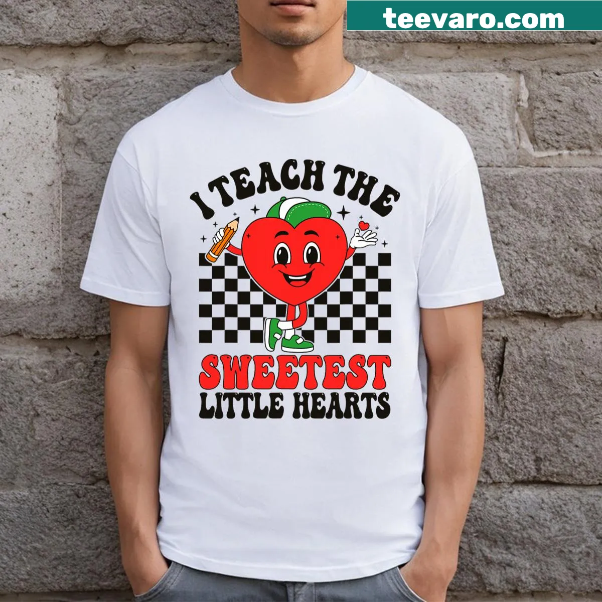 Teacher T-shirt with 'I Teach The Sweetest Little Hearts' slogan — on a men's t-shirt