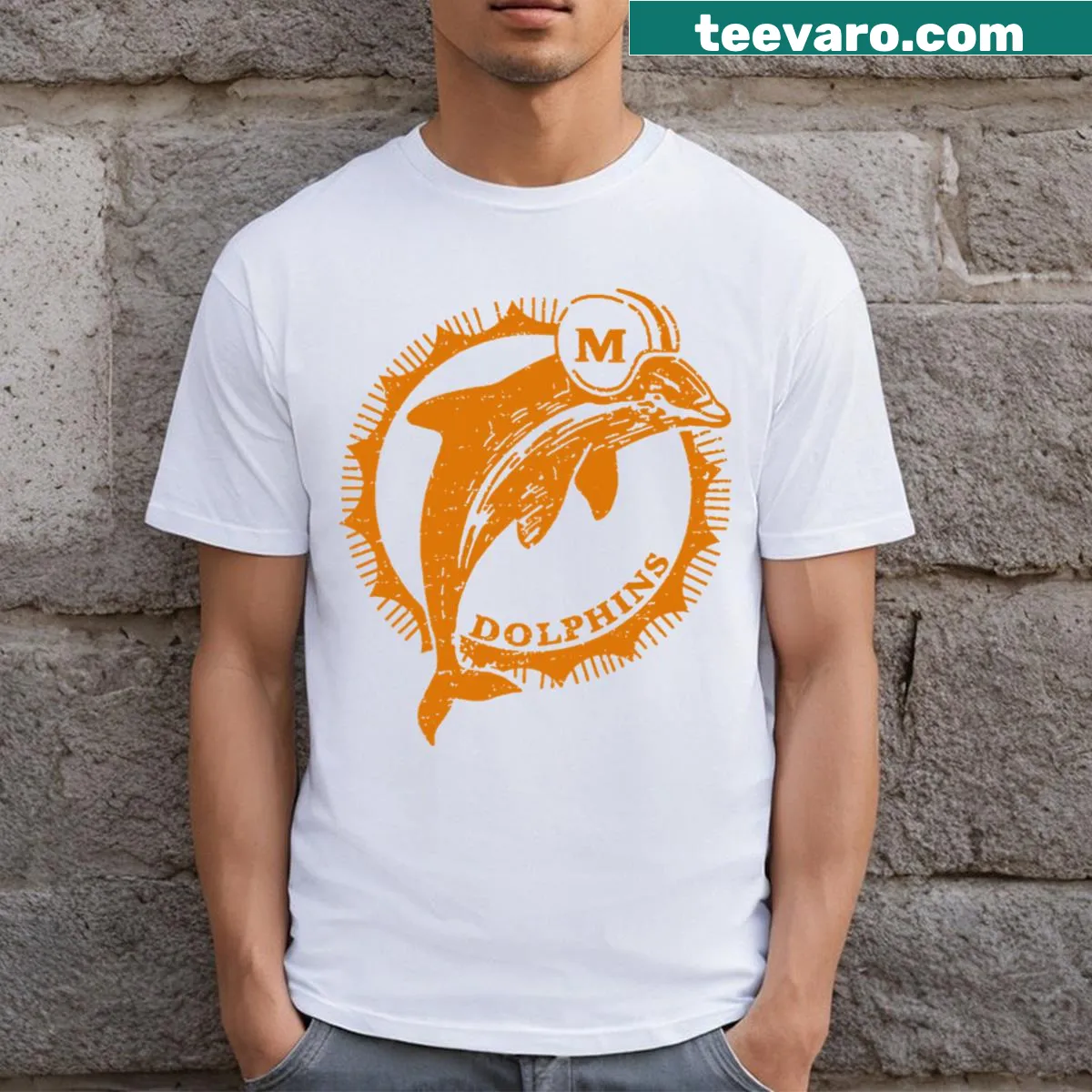 Vintage Miami Dolphins T-shirt featuring a classic team logo and distressed style — on a men's t-shirt