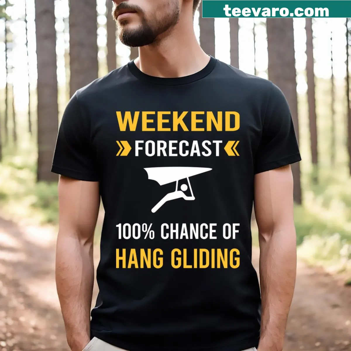 Humorous hang gliding forecast t-shirt with playful typography — on a men's t-shirt