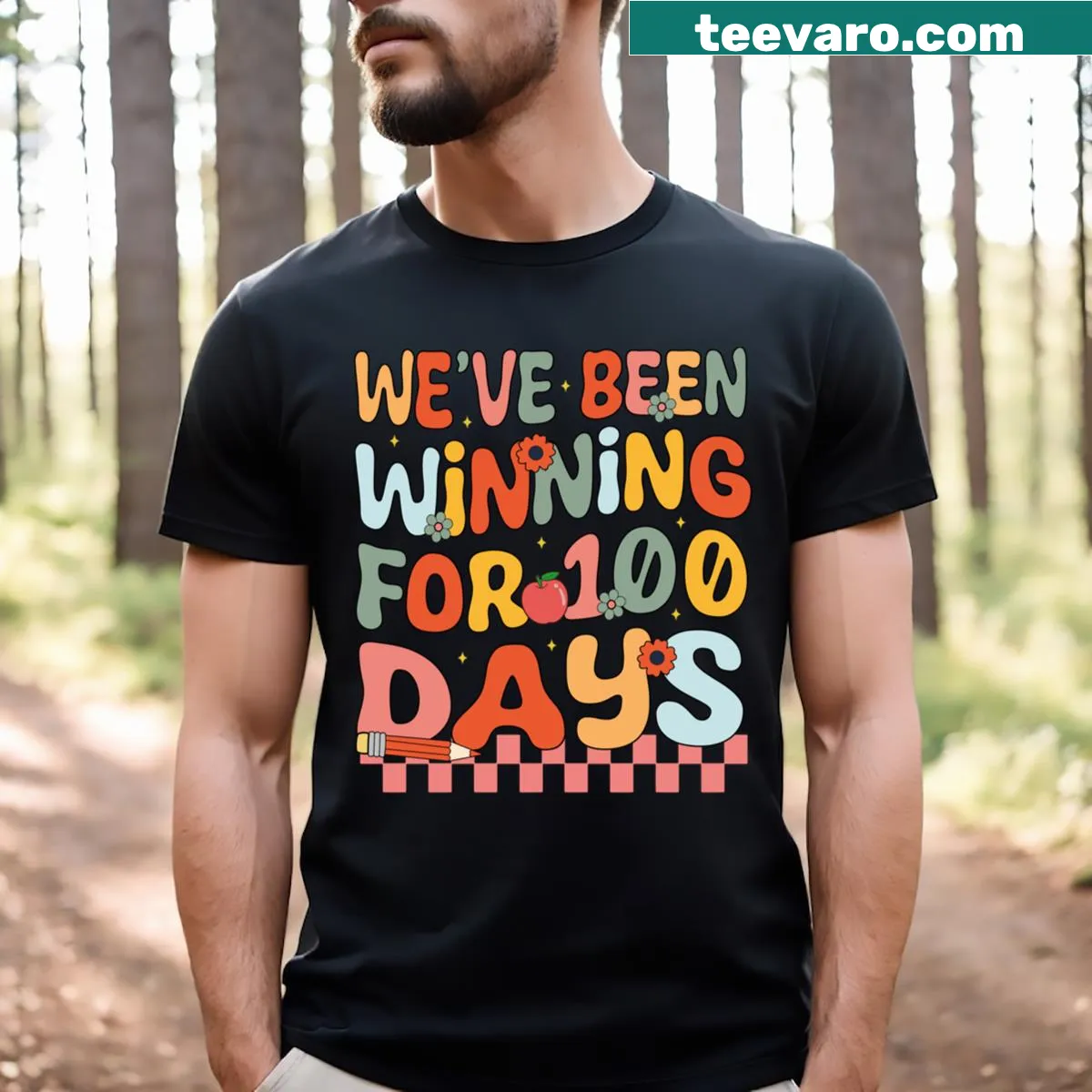 Retro graphic T-shirt celebrating 100 days of school for teachers. — on a men's t-shirt