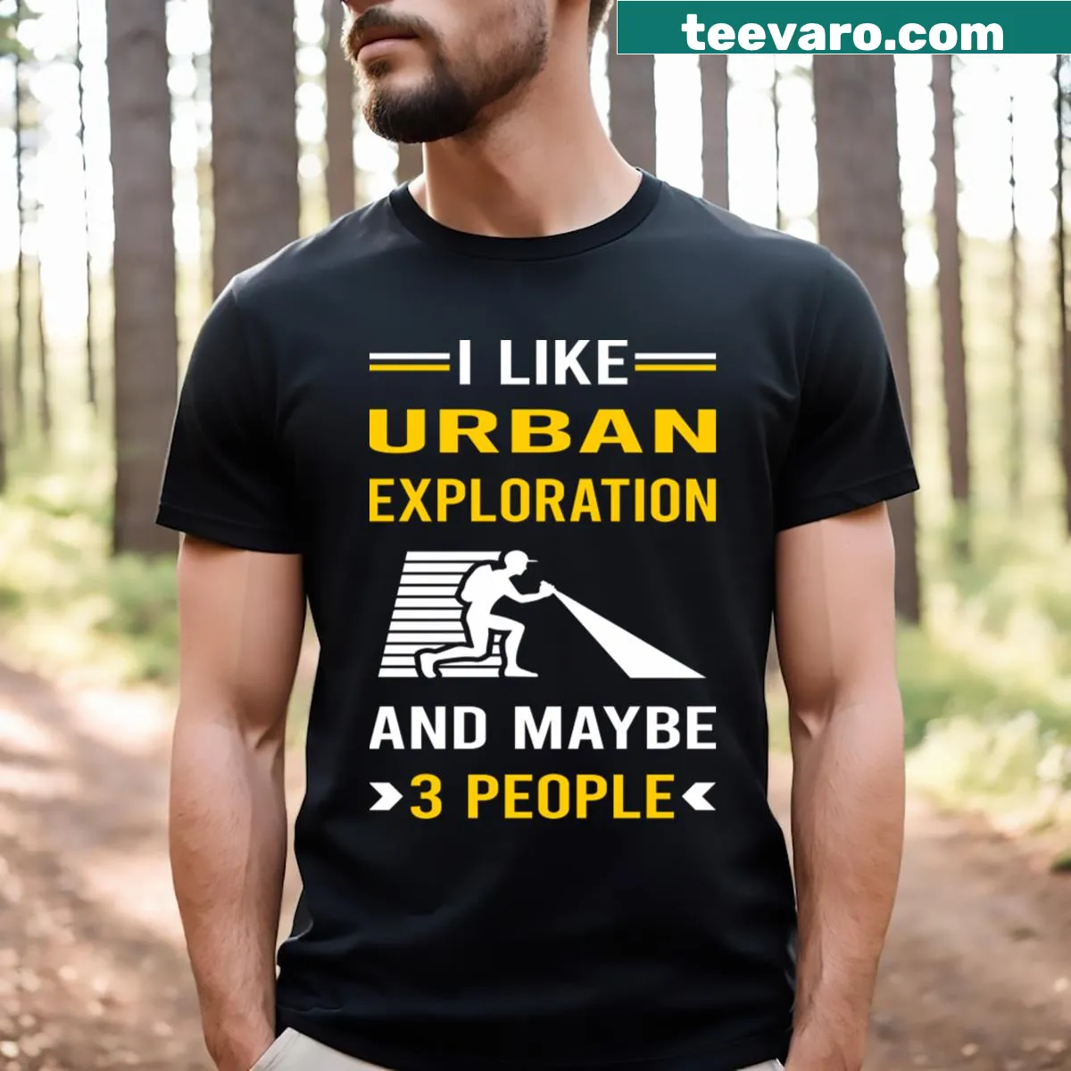 Graphic T-shirt featuring three people exploring urban landscapes. — on a men's t-shirt