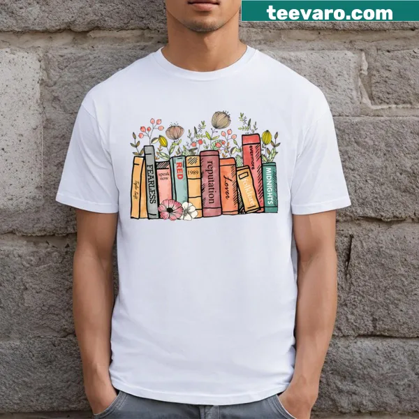 T-shirt design depicting albums as books for music lovers