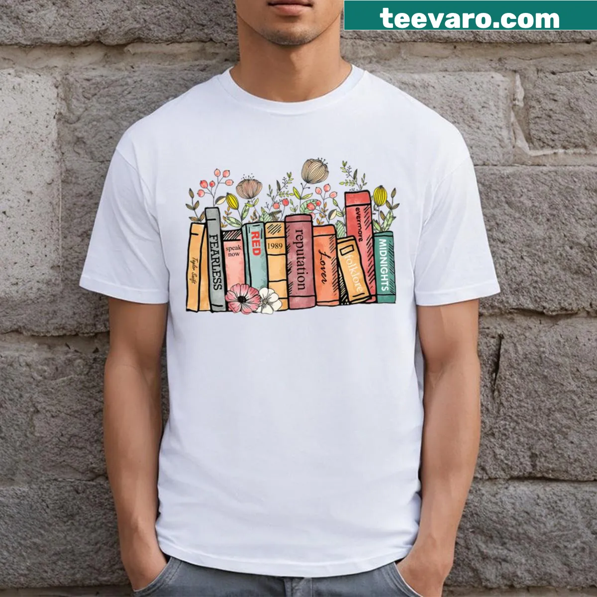 T-shirt design depicting albums as books for music lovers — on a men's t-shirt