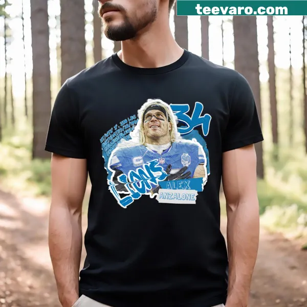 Graphic T-shirt celebrating Alex Anzalone as a sports superstar