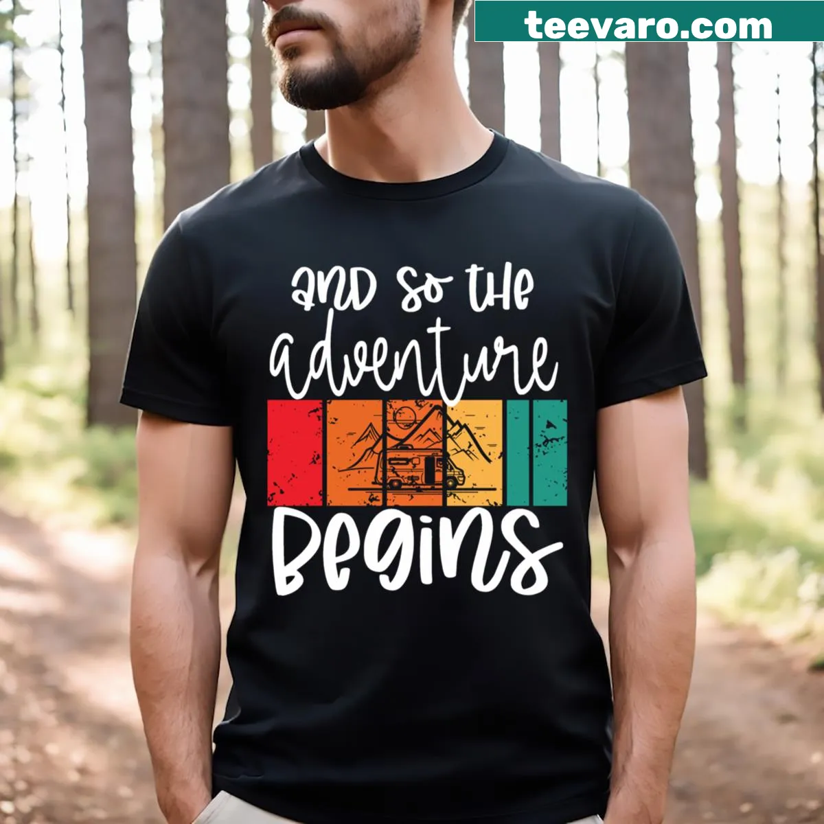 Inspirational text 'And So The Adventure Begins' on a t-shirt — on a men's t-shirt