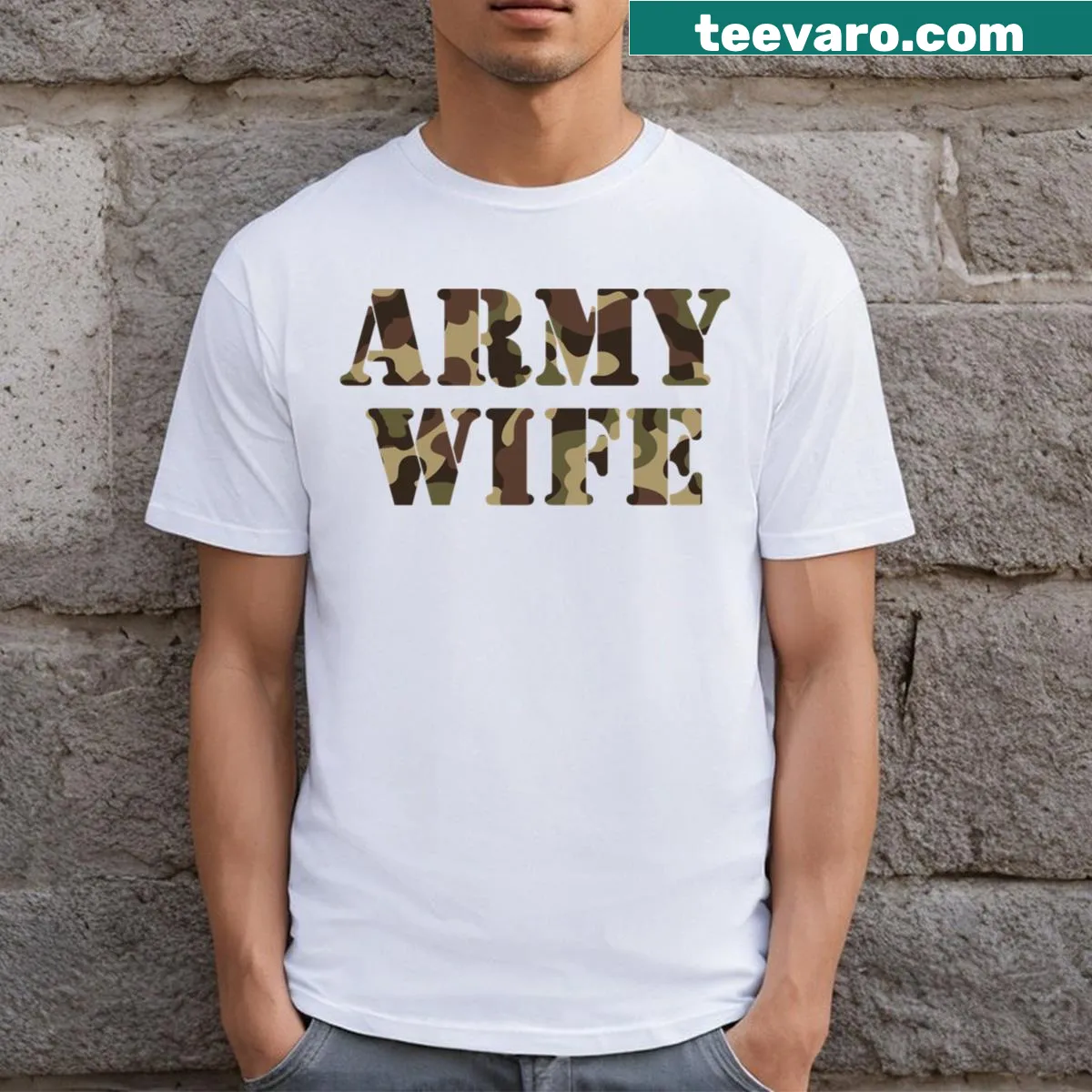 Army Wife t-shirt with bold lettering and a proud message — on a men's t-shirt