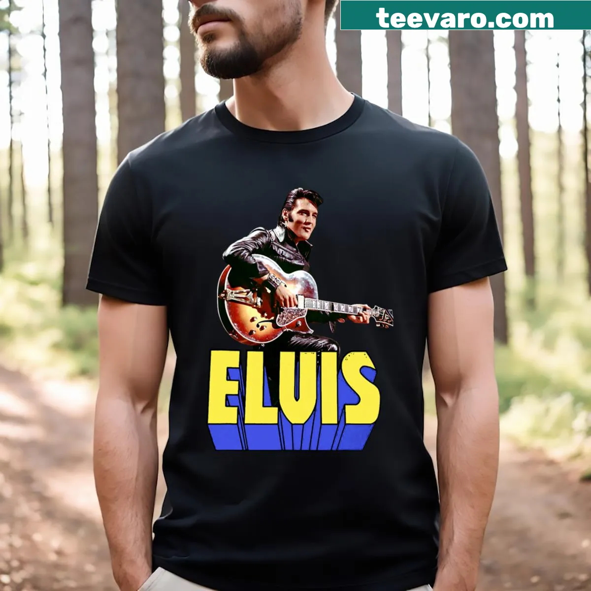 T-shirt celebrating iconic songs and guitarists — on a men's t-shirt