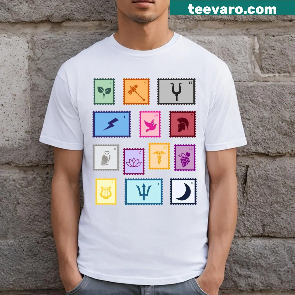 Percy Jackson Camp Halfblood Cabins t-shirt with whimsical illustration — on a men's t-shirt