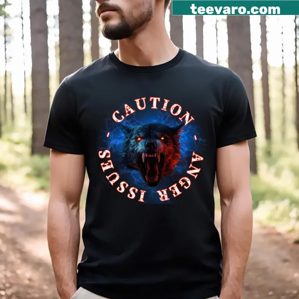 Black t-shirt with red text cautioning anger issues and lightning graphic