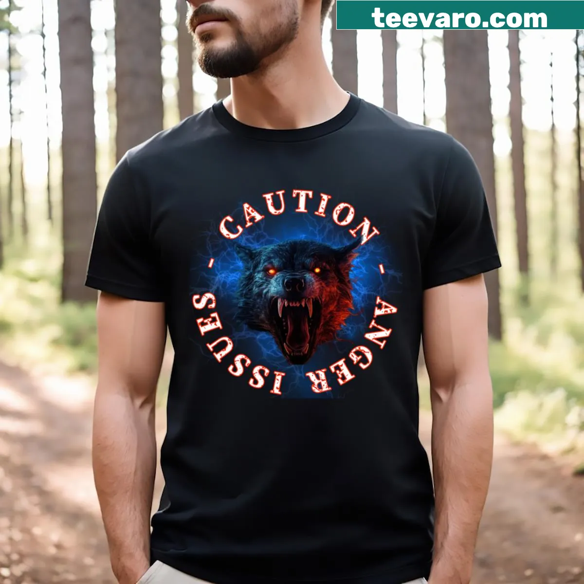 Black t-shirt with red text cautioning anger issues and lightning graphic — on a men's t-shirt
